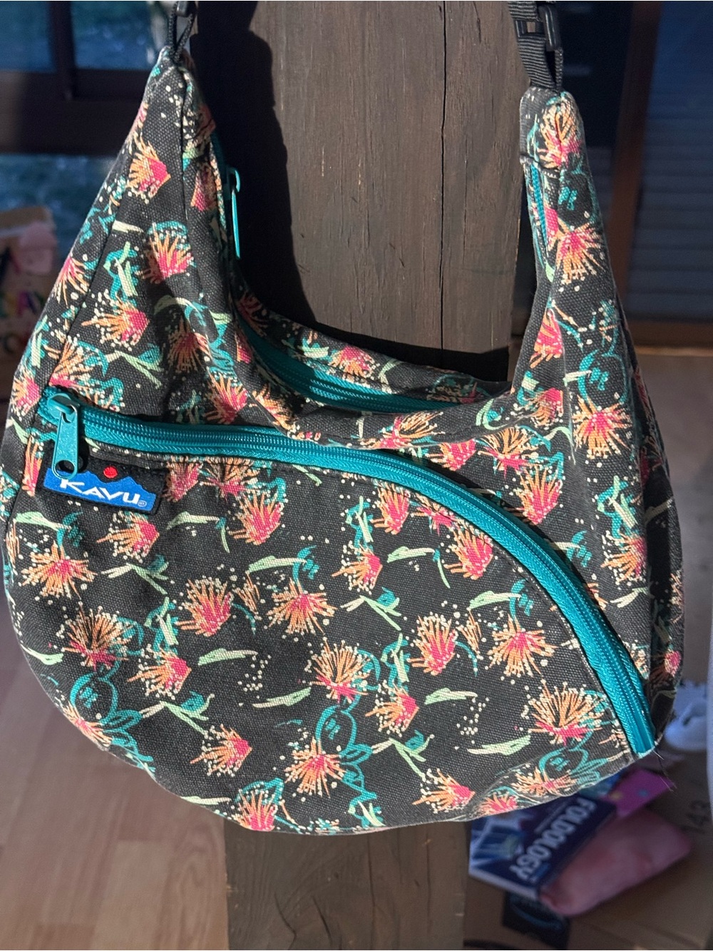 Kavu Black Floral Shoulder Bag with Teal Accents